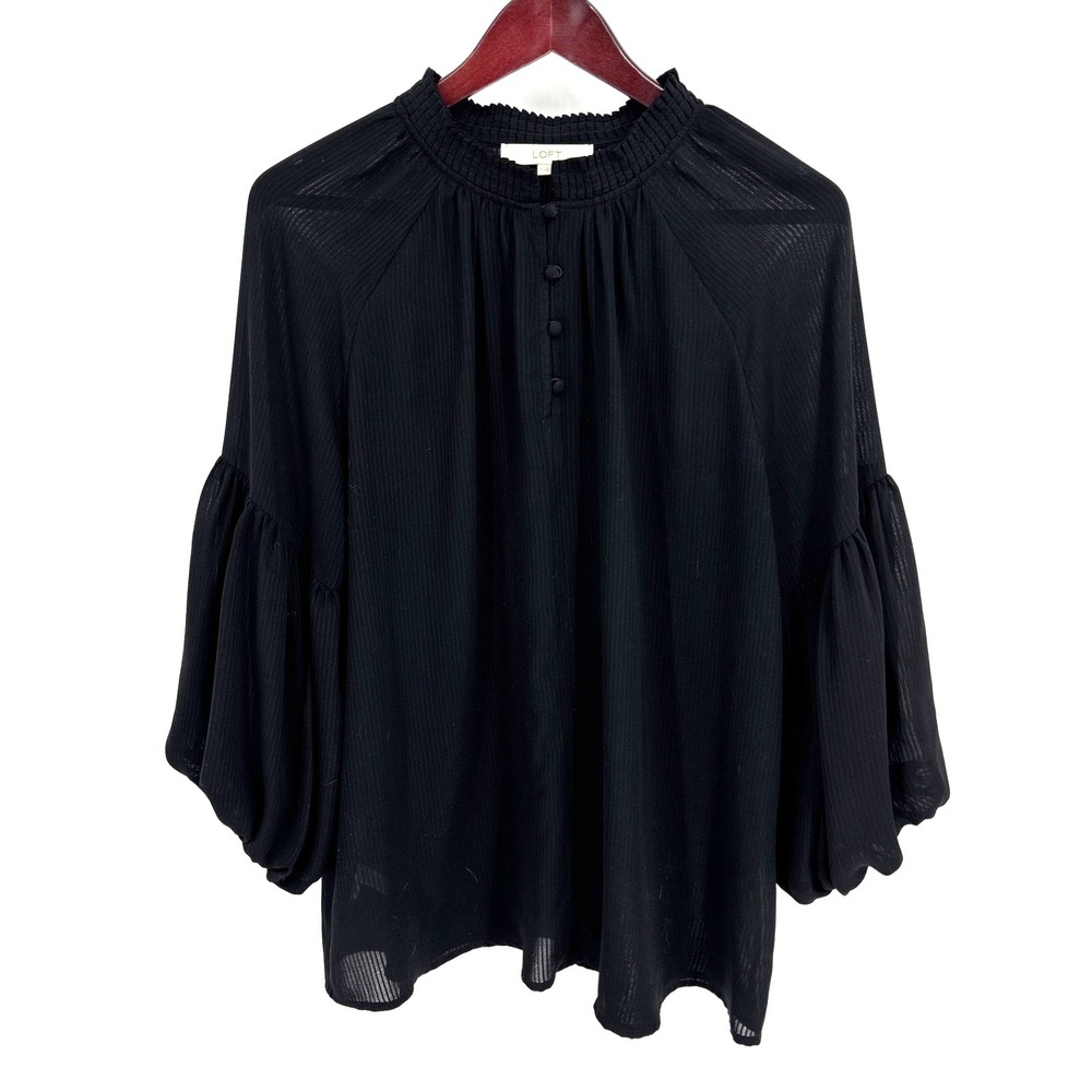Loft Black Semi Sheer Top Blouse Sz Large Balloon Sleeves Stripe Old Money